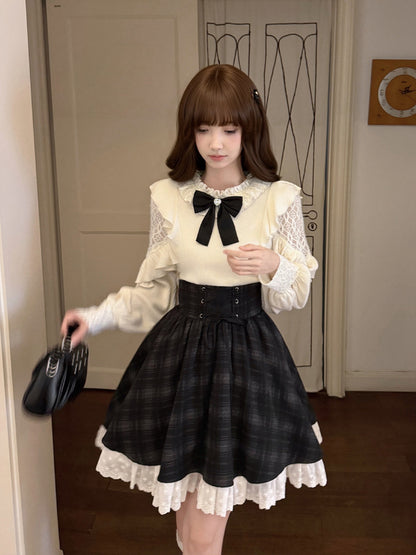 Lace Trim Black Bow Knit Top LAL0146