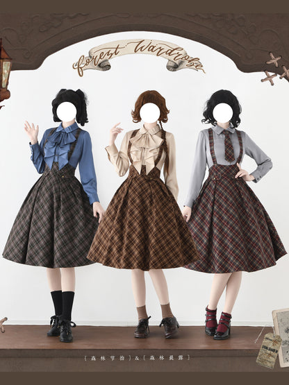 British Vintage Plaid College Suspender Skirt FOR0078