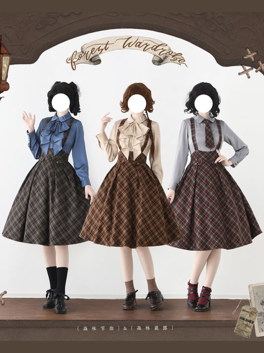 British Vintage Plaid College Suspender Skirt FOR0078