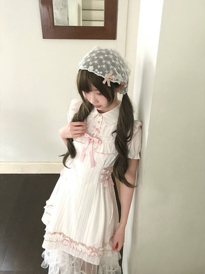 Ivory Pinstripe Ruffle Lolita Dress With Ribbon LAL0183