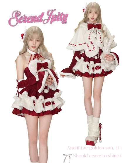 Red Velvet Halter Dress With Bunny Ear Cape Set SER0140
