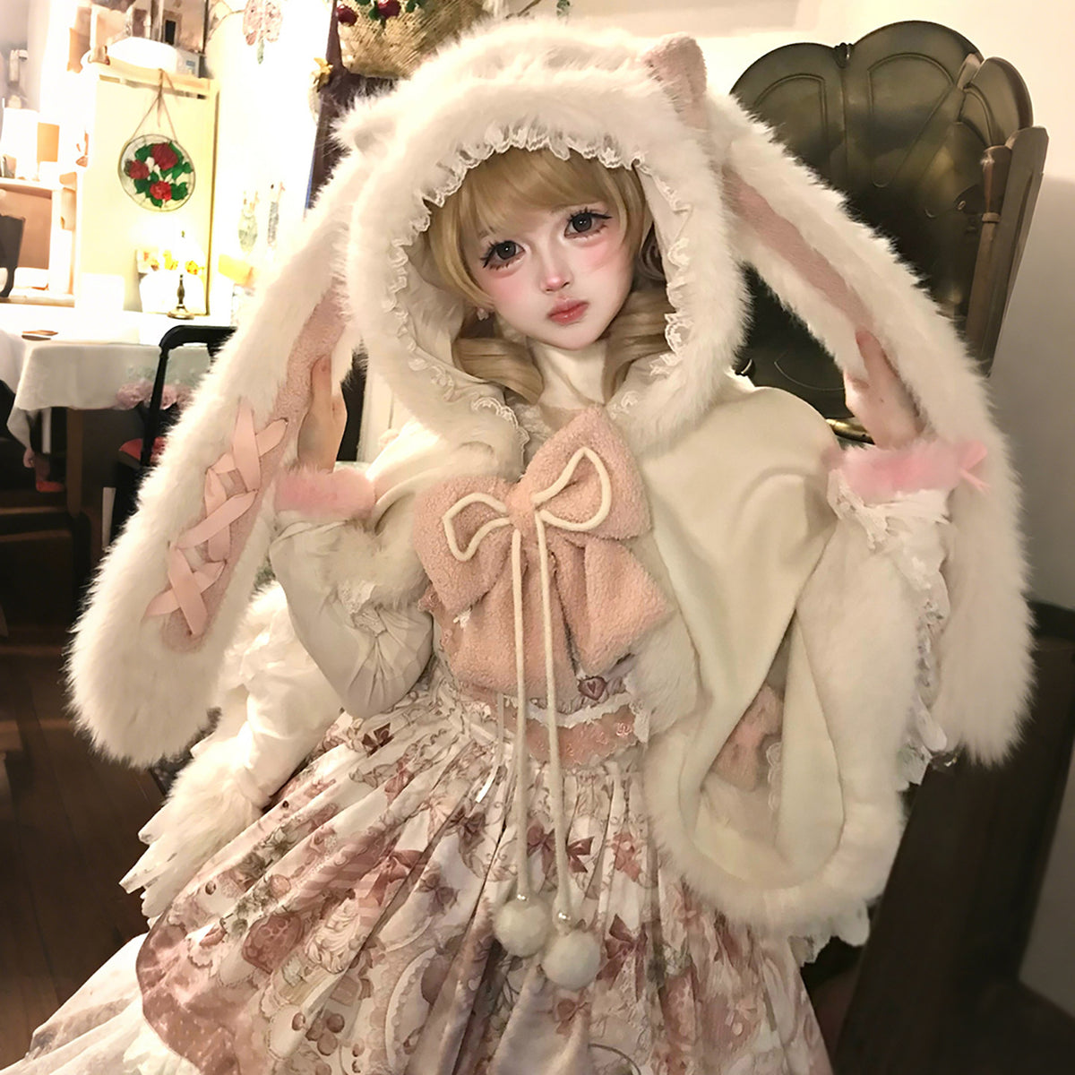 Floral Print Lolita Camisole Dress With Ruffle Cape Set YOU0266