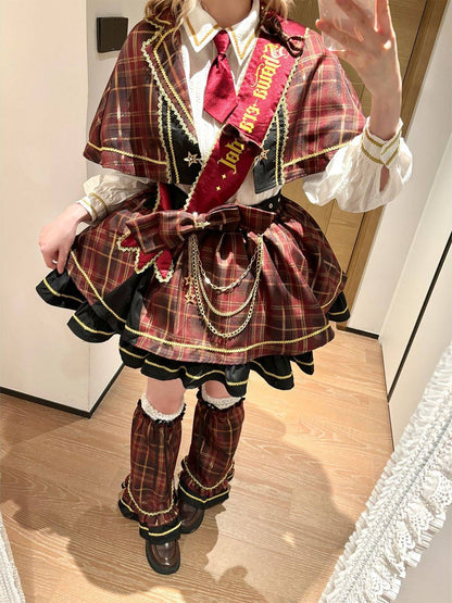 Plaid Cape Necktie Blouse With Tiered Skirt LAL0168