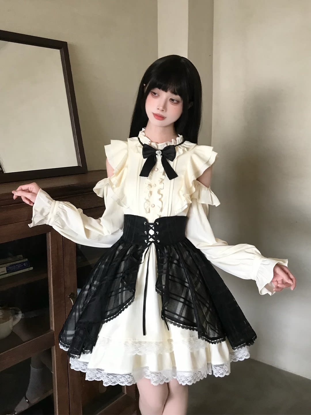 Off Shoulder Ruffle Dress With Lace-Up Overskirt LAL0127