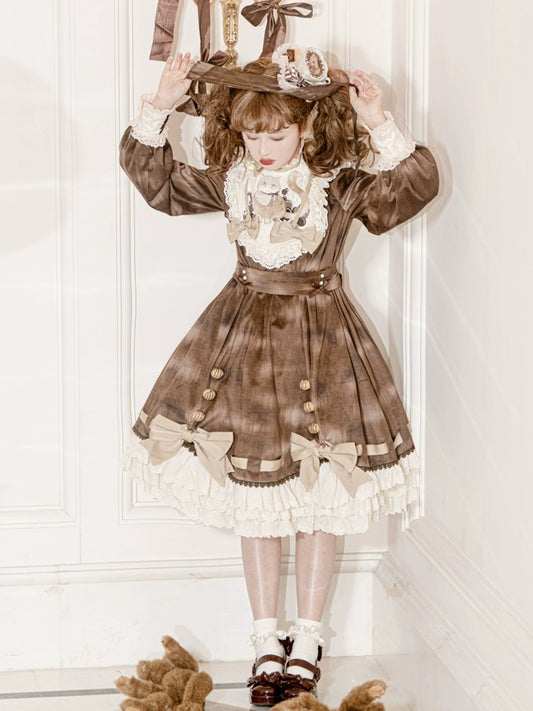 Cat Print Sweet Brown Lolita Dress YOU0012