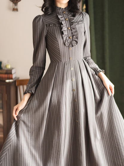Vintage Striped High-Collar Long-Sleeve Dress FOR0064