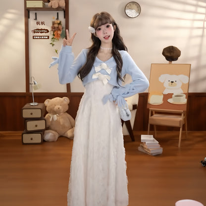 Ribbon Bow Knit Cardigan Lace Dress Set BEL0020