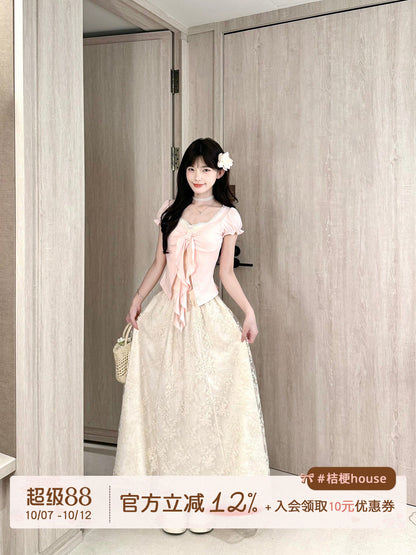 Puff Sleeve Ribbon Lace Skirt Set BEL0034