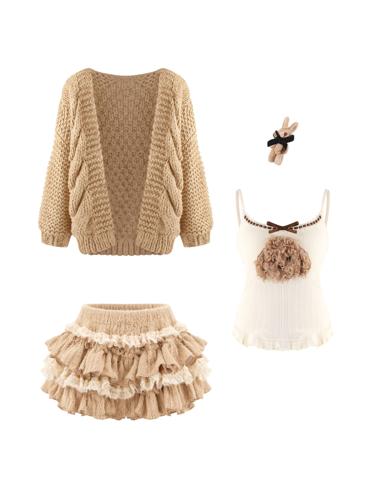 Chunky Cardigan Cami And Ruffle Skirt Set SER0135