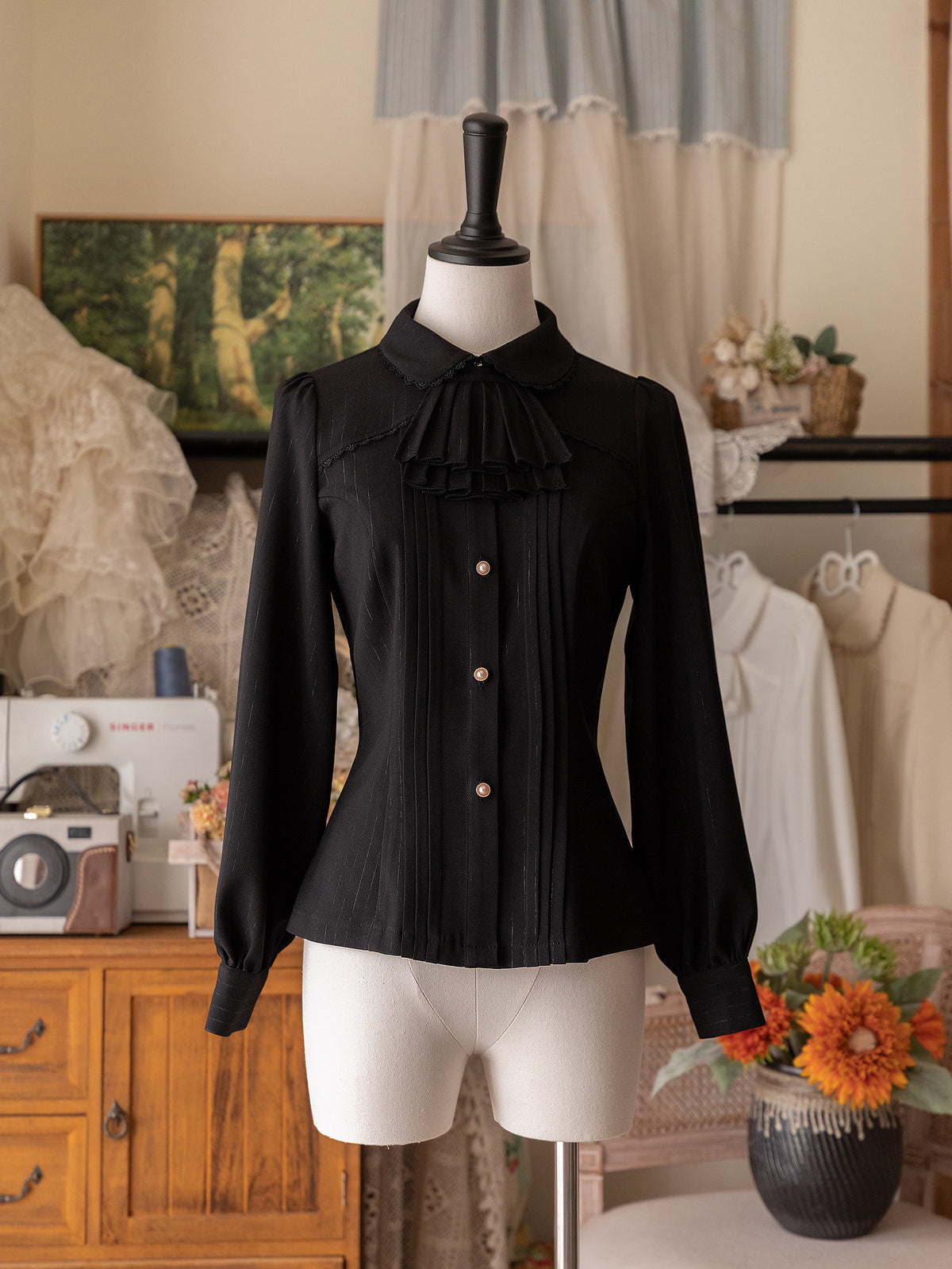 Vintage Ribbon Collar Pintuck Blouse FOR0065