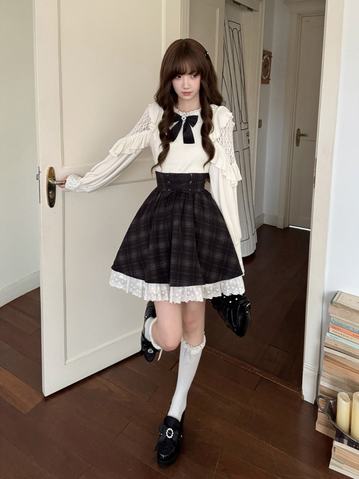 Lace Trim Black Bow Knit Top LAL0146