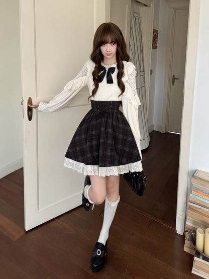 Lace Trim Black Bow Knit Top LAL0146