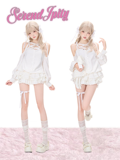 Off Shoulder Lace Up Top And Ruffle Cake Skirt Set SER0156