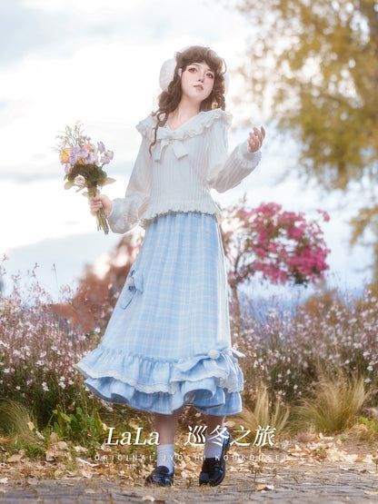 Lace Collar Ribbon Lantern Sleeve Top LAL0161