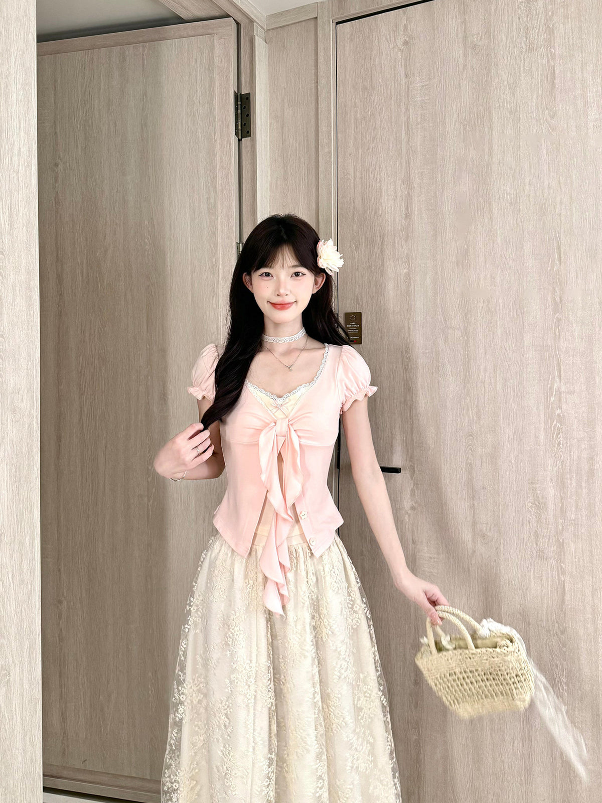 Puff Sleeve Ribbon Lace Skirt Set BEL0034