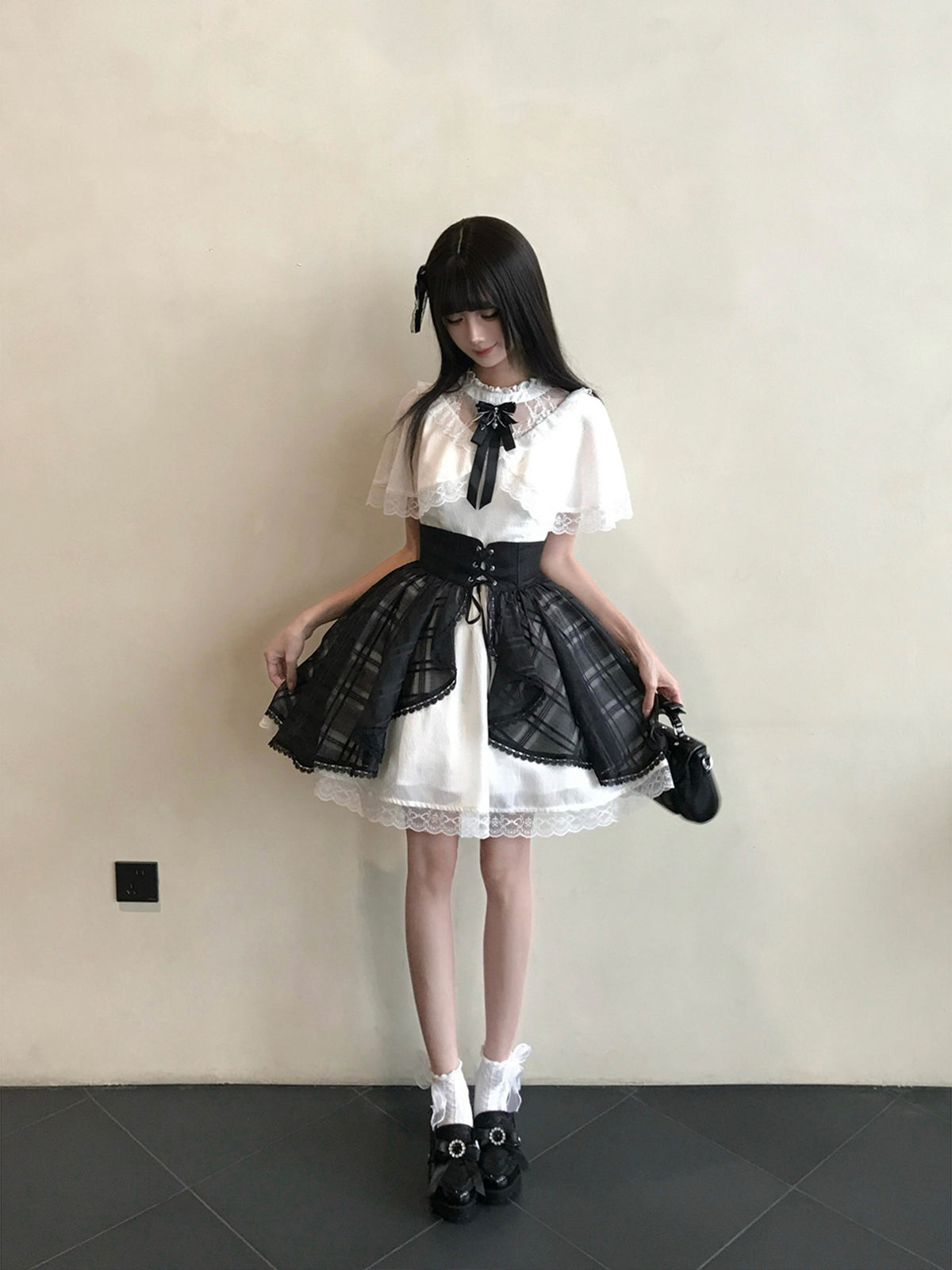 Puff Sleeve Lace Trim Plaid Overskirt Dress LAL0218