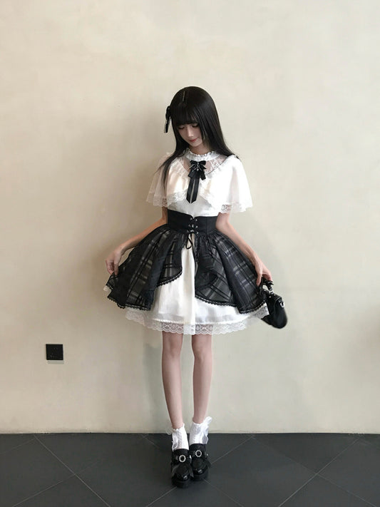 Puff Sleeve Lace Trim Plaid Overskirt Dress LAL0218