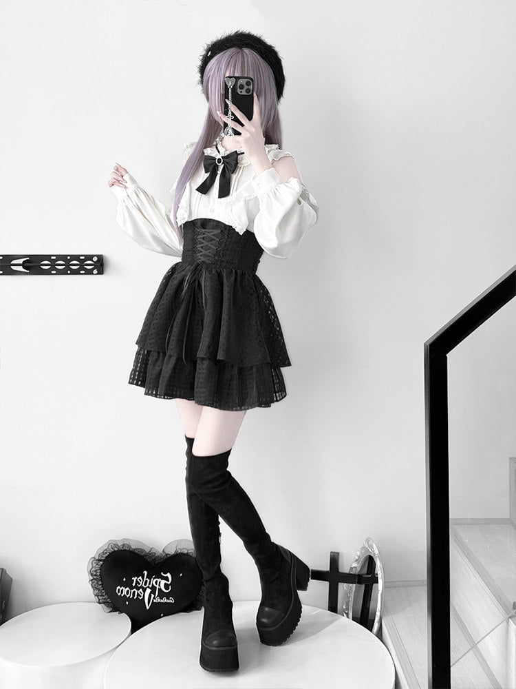 Ribbon Bow Blouse With Corset Tiered Skirt LAL0155