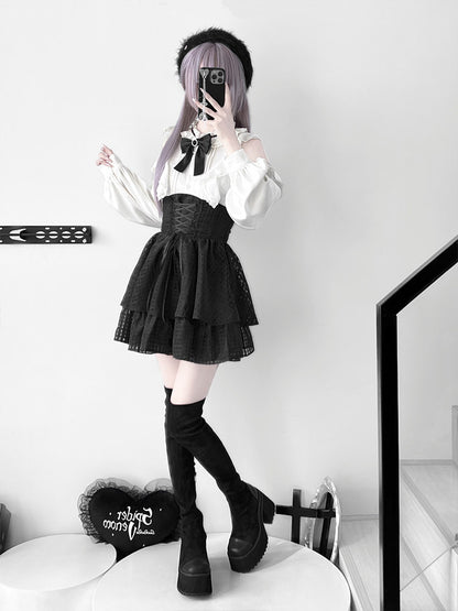 Ribbon Bow Blouse With Corset Tiered Skirt LAL0155