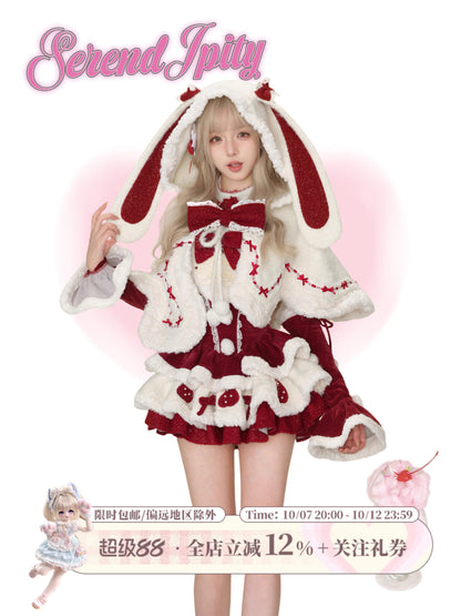 Red Velvet Halter Dress With Bunny Ear Cape Set SER0140