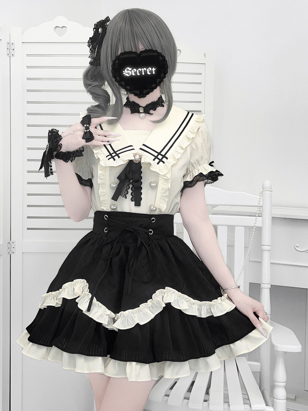 Sailor Collar Ruffle Blouse Skirt Set LAL0250