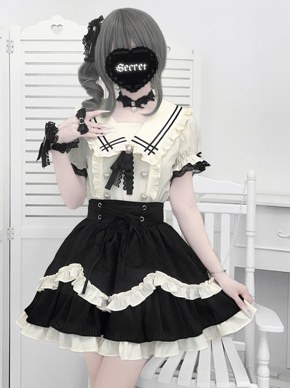 Sailor Collar Ruffle Blouse Skirt Set LAL0250
