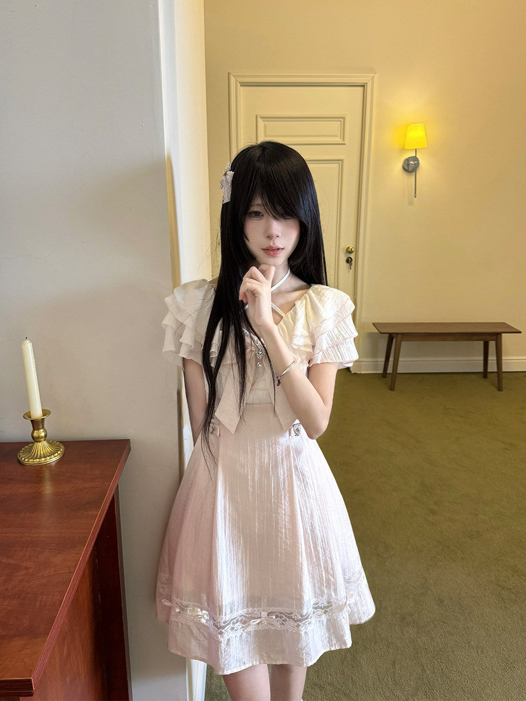Pink Crisscross Ruffle Cape Sleeve Dress LAL0186