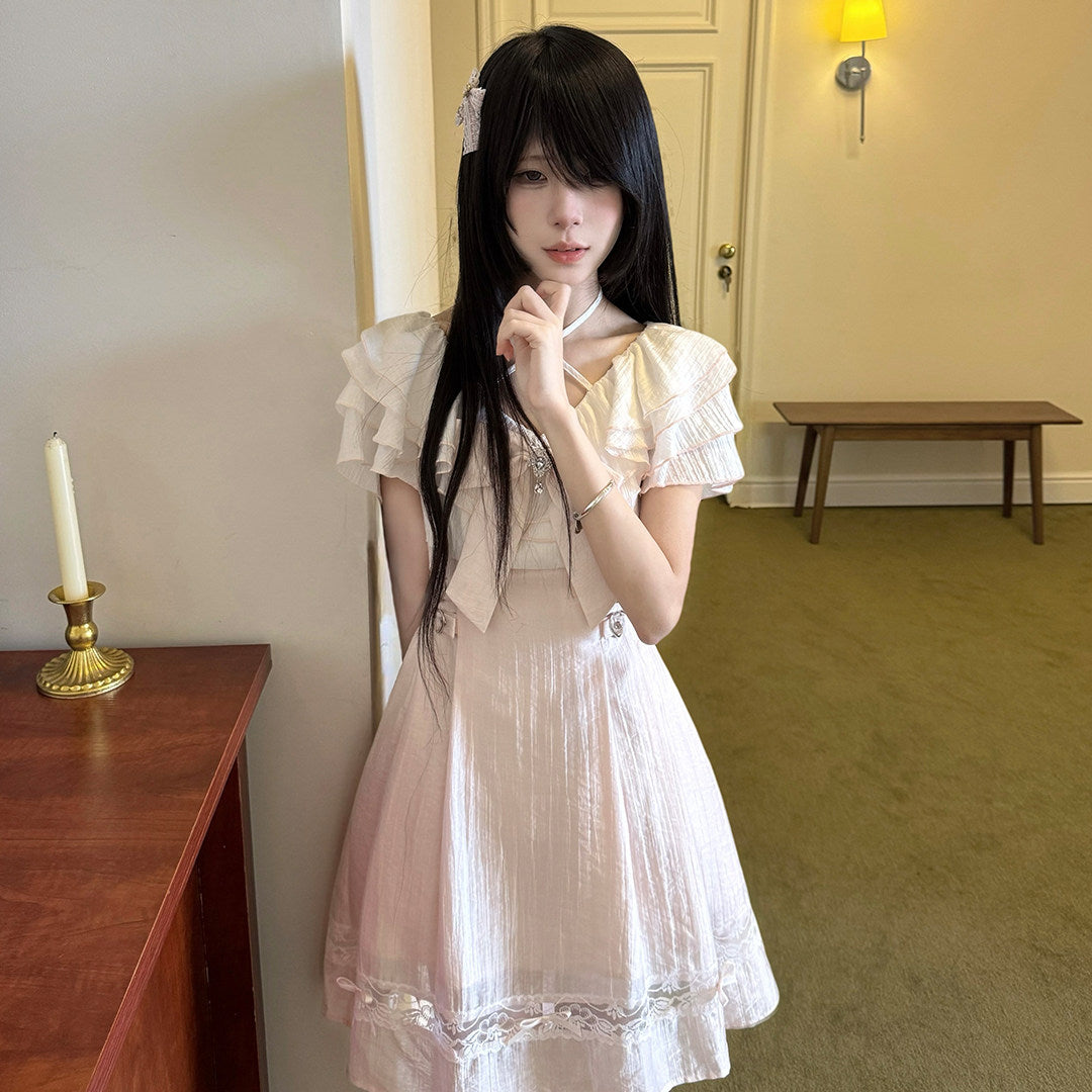 Pink Crisscross Ruffle Cape Sleeve Dress LAL0186