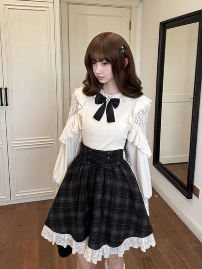 Lace Trim Black Bow Knit Top LAL0146