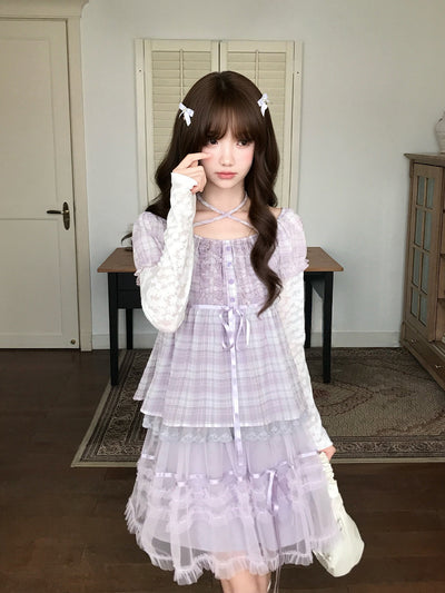 Plaid Puff Sleeve Top And Tiered Skirt Set LAL0242