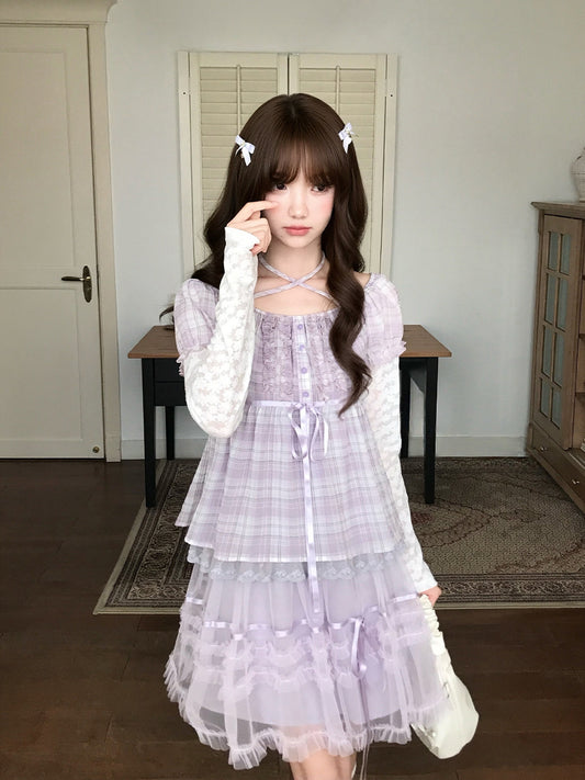 Plaid Puff Sleeve Top And Tiered Skirt Set LAL0242
