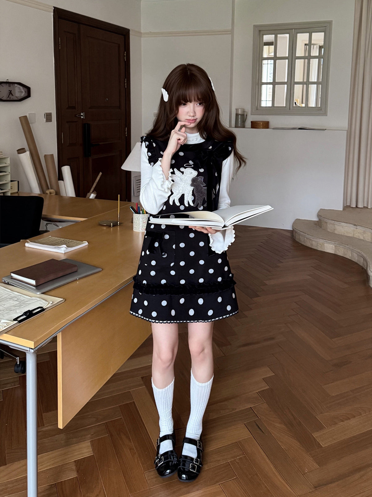 Polka Dot Tank Dress With Lamb Embroidery LAL0241
