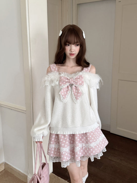 Fluffy Bow Off Shoulder Knit Top LAL0145