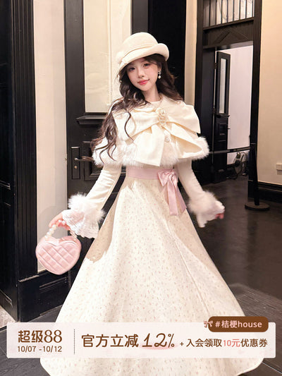 Sweet Bow Fur-Trim Cape Dress Set BEL0024