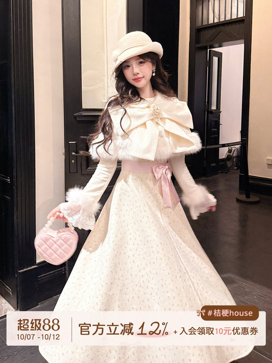 Sweet Bow Fur-Trim Cape Dress Set BEL0024