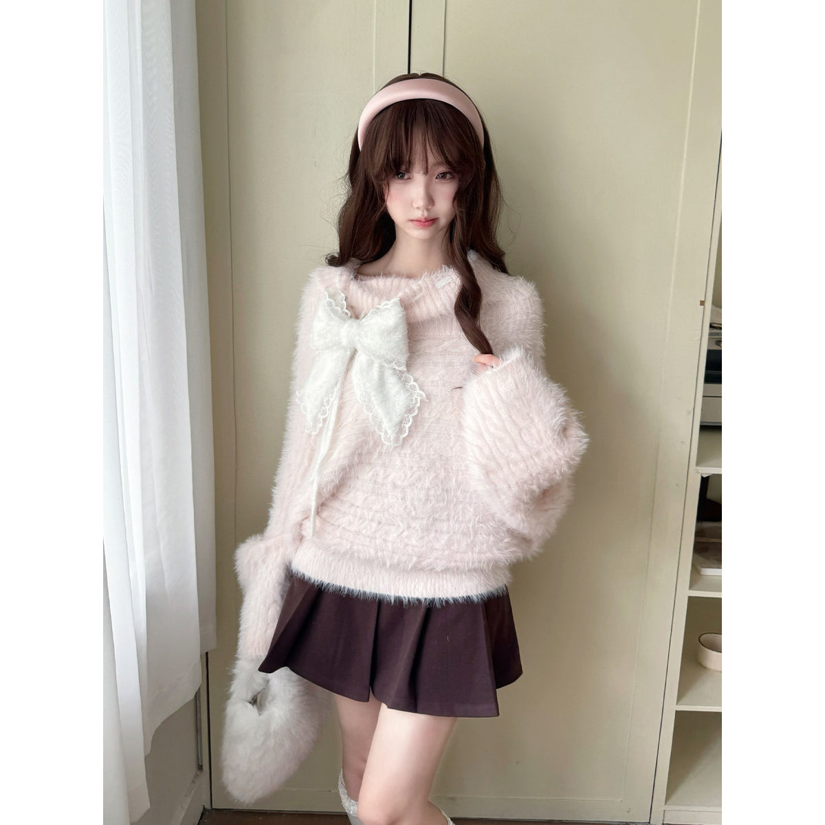 Off Shoulder Fuzzy Knit Bow Sweater LAL0238