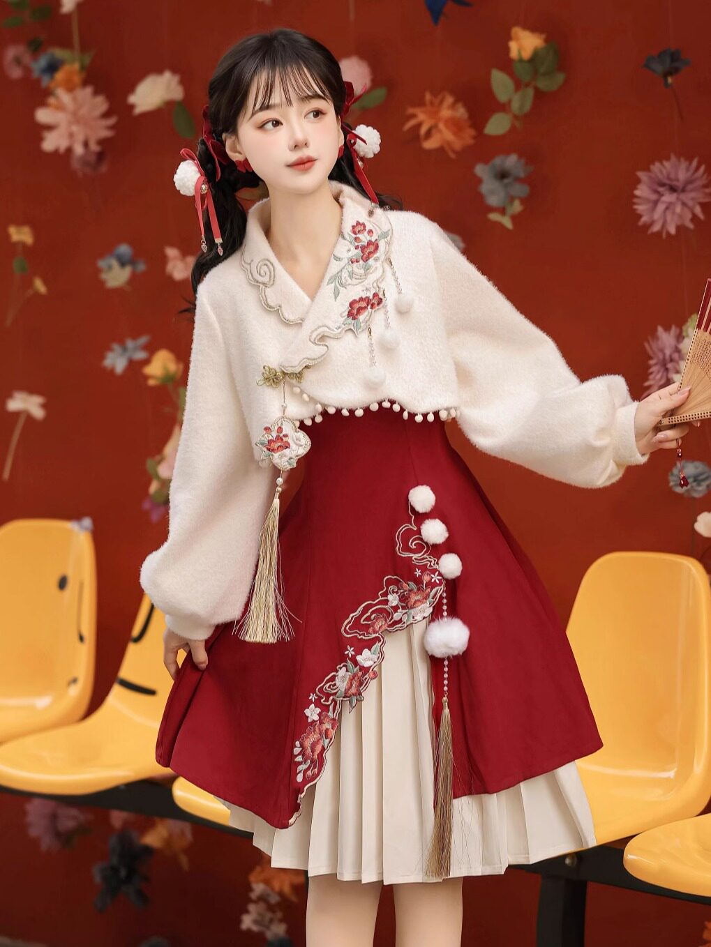 Chinese Style Embroidered Cami Dress Three-Piece Set YOU0239