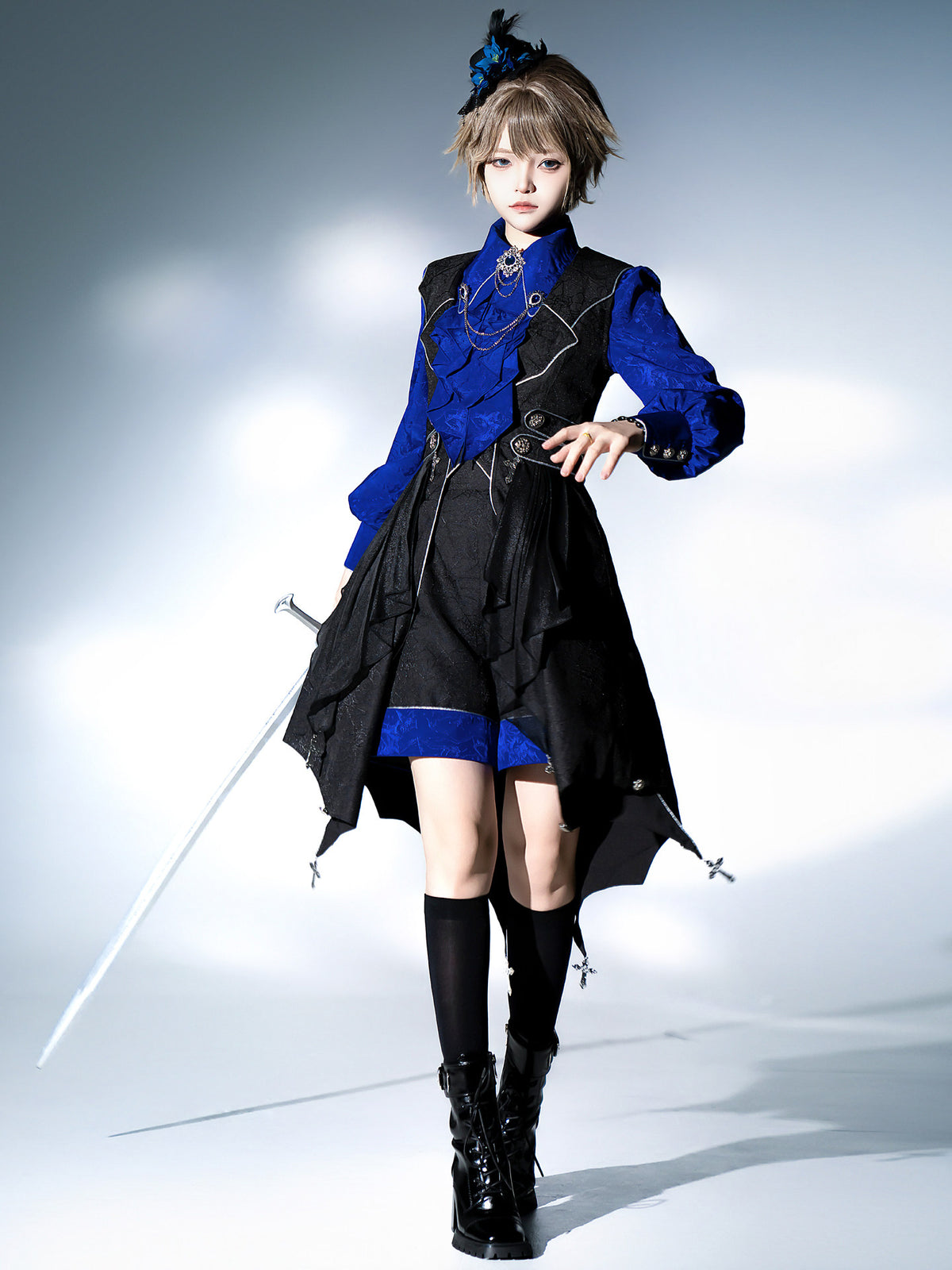 Gothic Knight Blue Shirt Vest And Shorts Set YOU0259