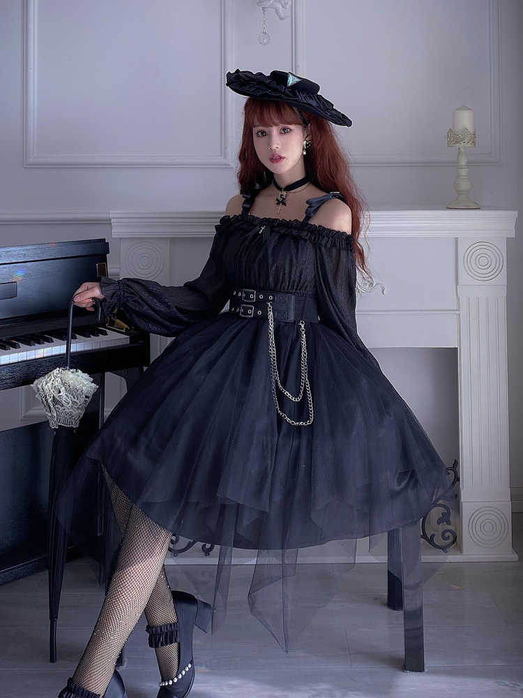 Dark Angel Goth Girl Lantern Long Sleeve One-Line Collar Dress YOU0136