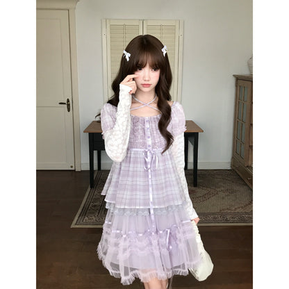 Plaid Puff Sleeve Top And Tiered Skirt Set LAL0242