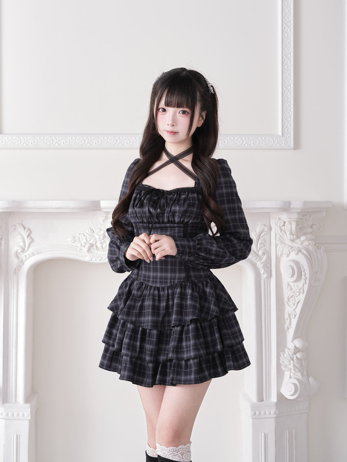 Crisscross Strap Plaid Tiered Dress NOG0028