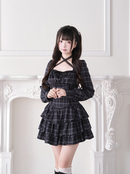 Crisscross Strap Plaid Tiered Dress NOG0028