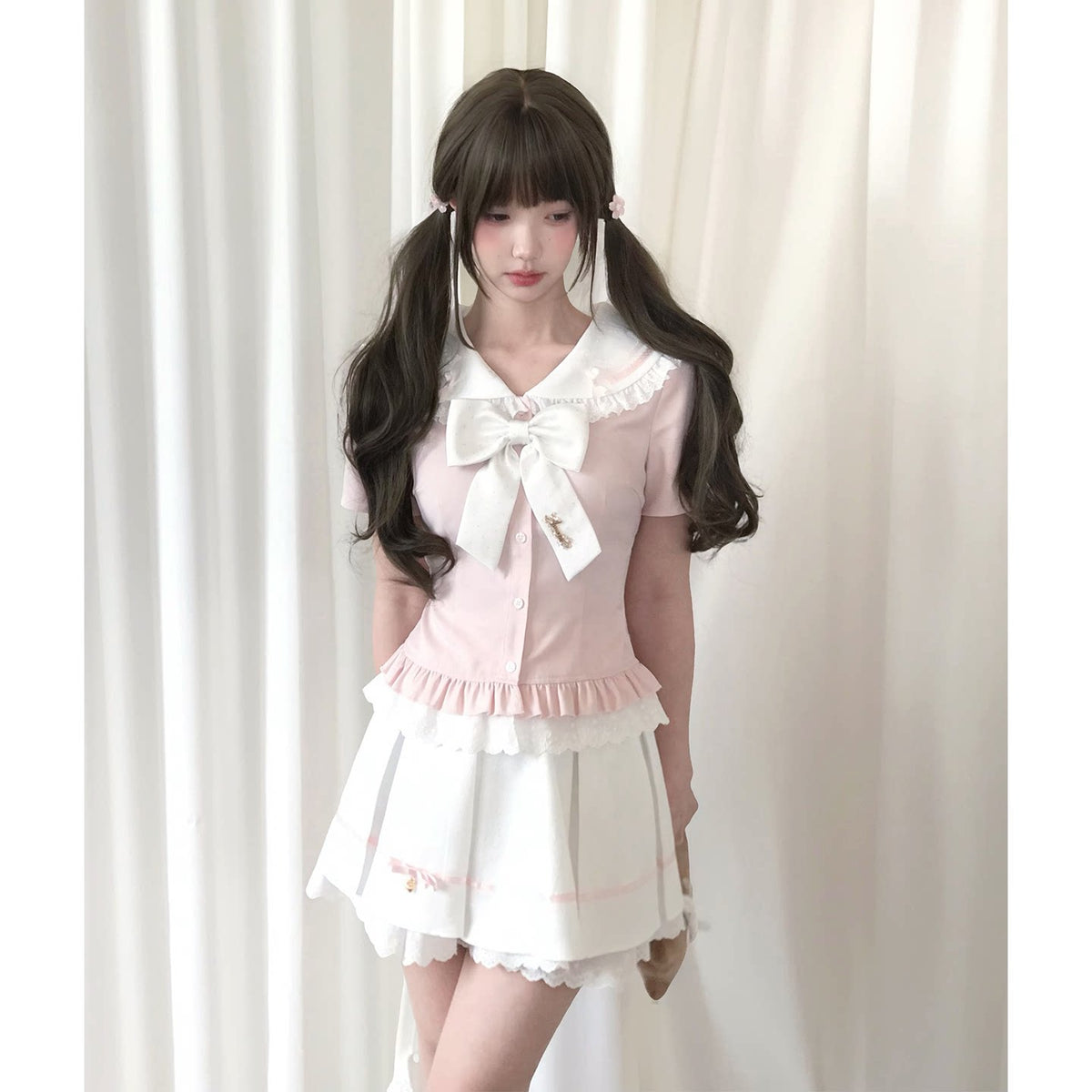 Sweet Bow Lace Doll Collar Puff Sleeve Dress LAL0225