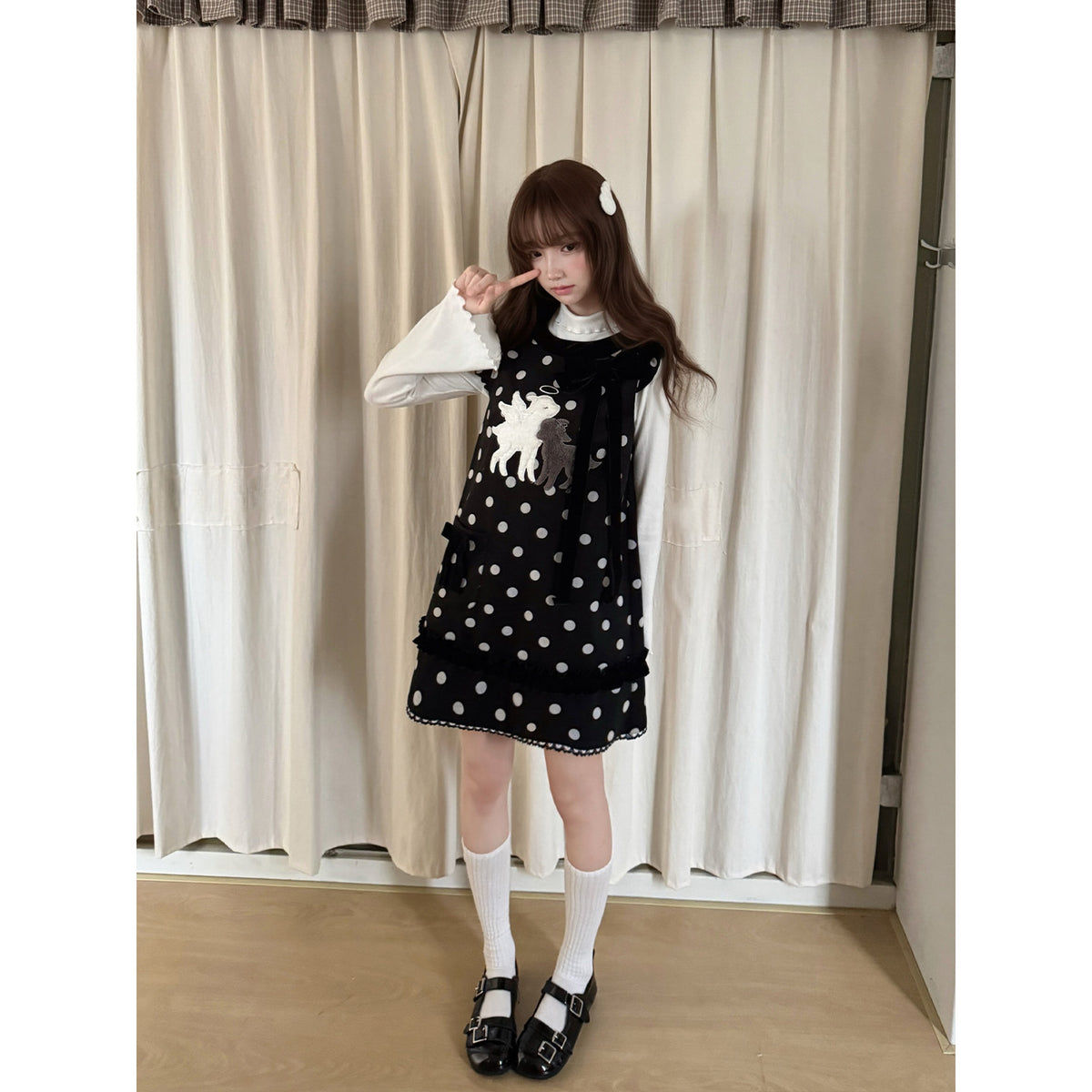 Polka Dot Tank Dress With Lamb Embroidery LAL0241