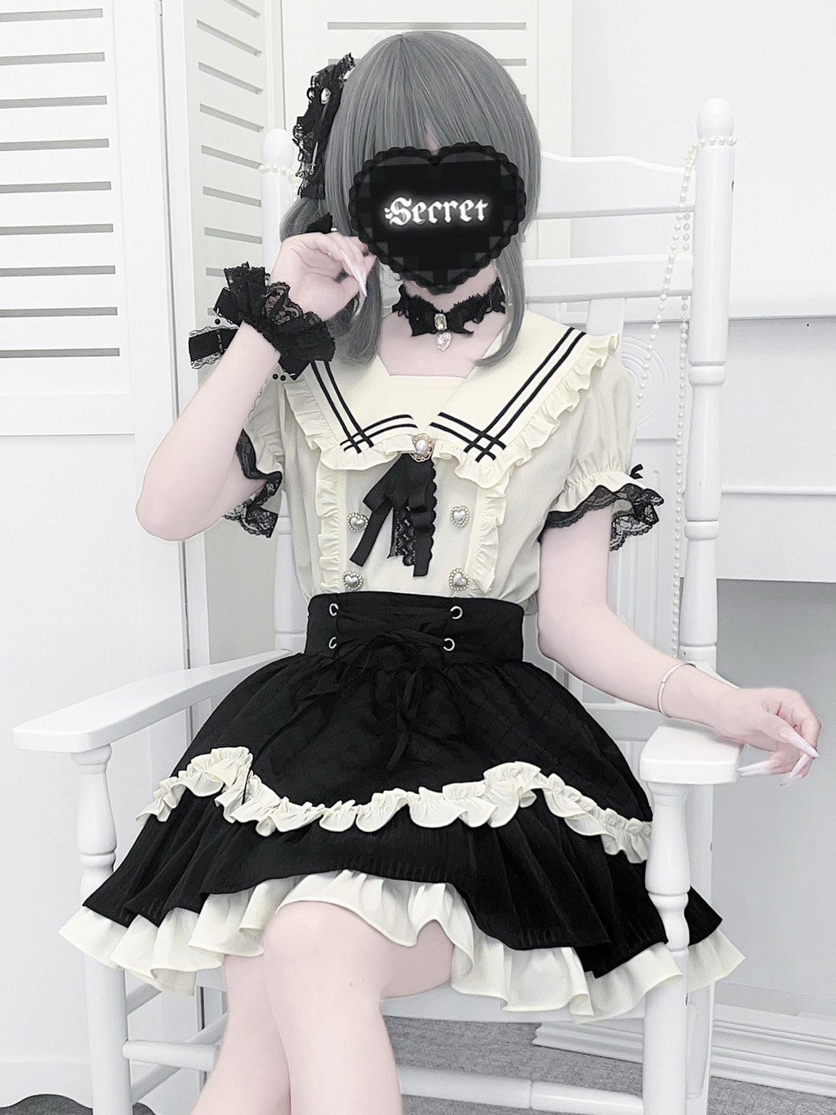 Sailor Collar Ruffle Blouse Skirt Set LAL0250
