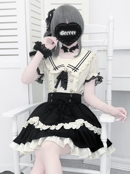 Sailor Collar Ruffle Blouse Skirt Set LAL0250