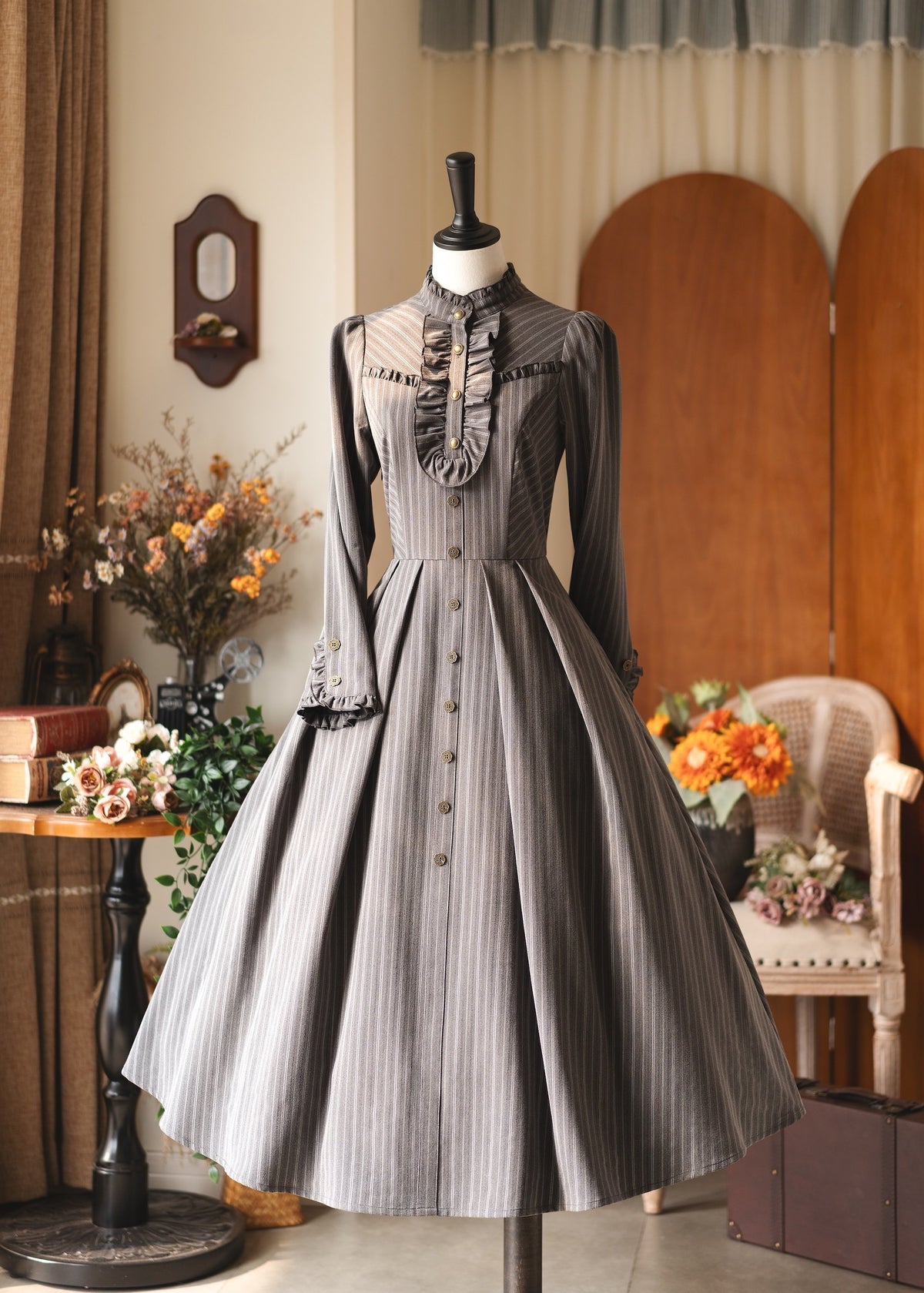 Vintage Striped High-Collar Long-Sleeve Dress FOR0064