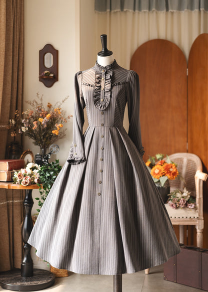 Vintage Striped High-Collar Long-Sleeve Dress FOR0064