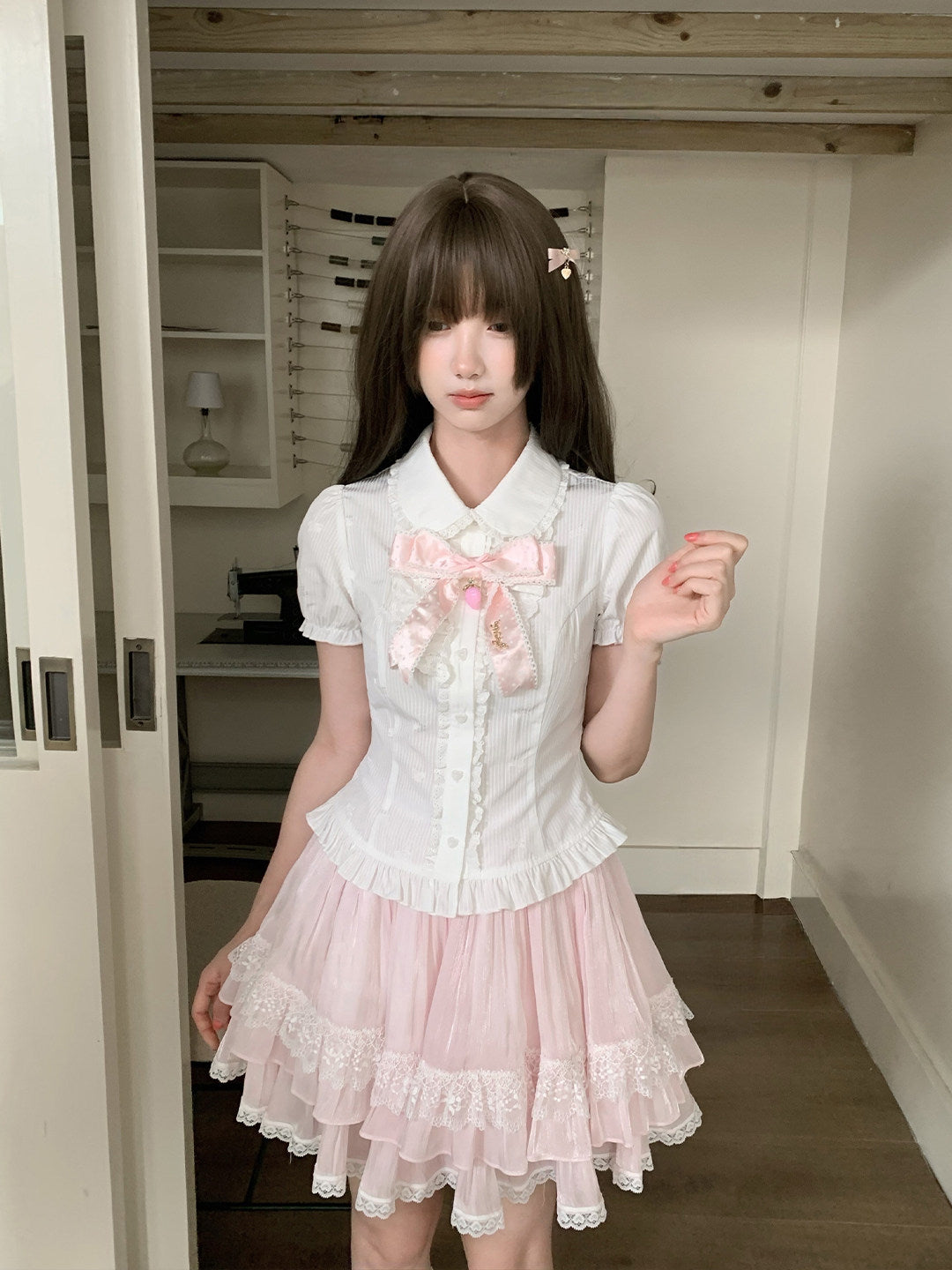 Strawberry Ribbon Puff Sleeve Blouse LAL0192