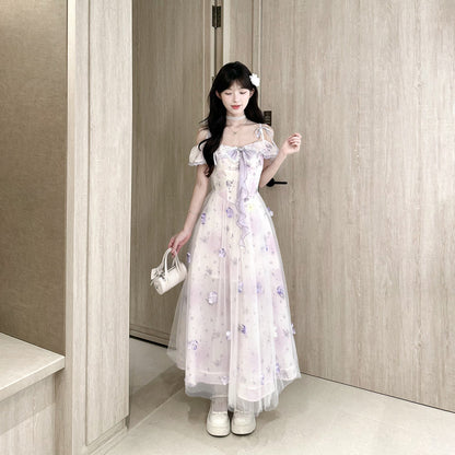 Off-Shoulder Floral Mesh Fairy Maxi Dress BEL0040